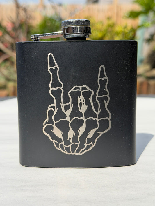 Hipflask laser engraved Rock Horns Skeleton